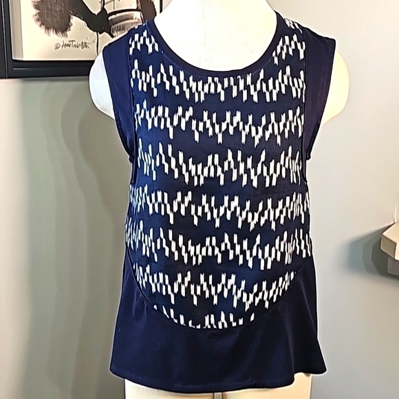 J.Crew, women's top navy blue with white geometric print. Size small. - Picture 1 of 7